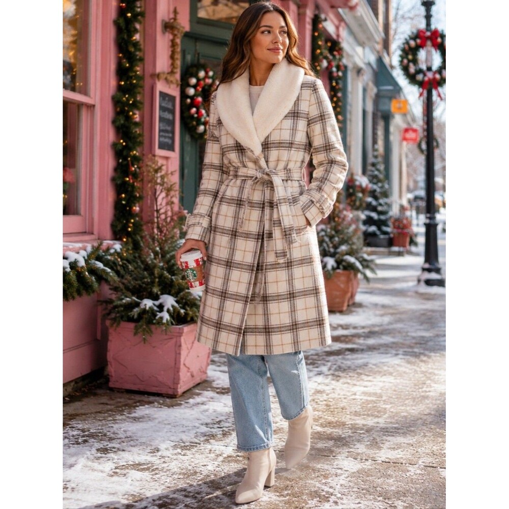 Gal Meets Glam Brownyn NWT removable Fur Collar CreamPlaid Winter Coat Warm